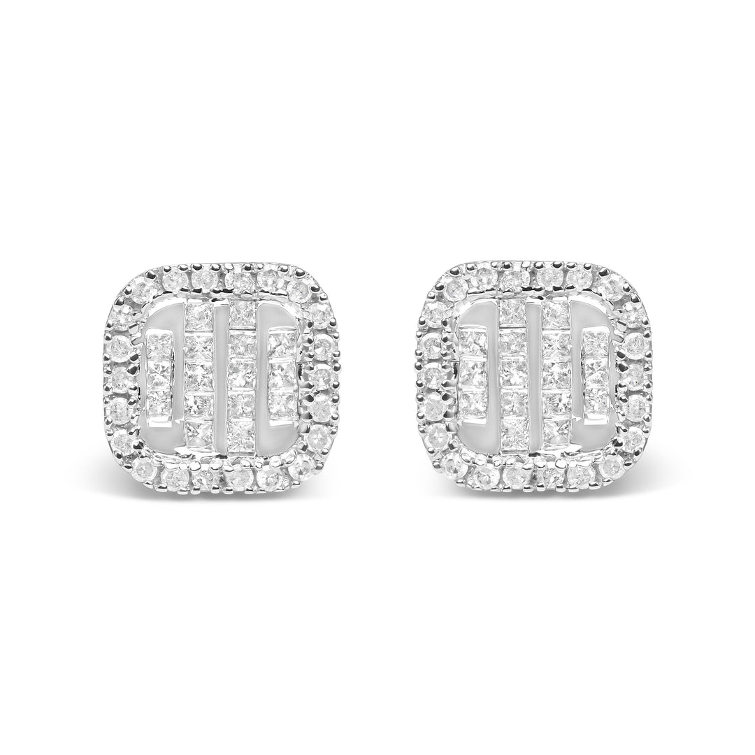 10K White Gold 7/8 Cttw Diamond Princess Composite and Halo Stud Earrings (I-J Color, I1-I2 Clarity)
