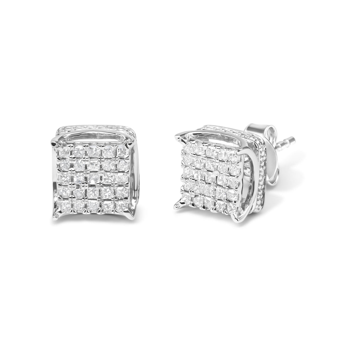 Pendientes de botón con forma cuadrada de oro blanco de 10 quilates y diamantes de talla princesa de 1/2 quilate (Color H-I, Claridad SI1-SI2)