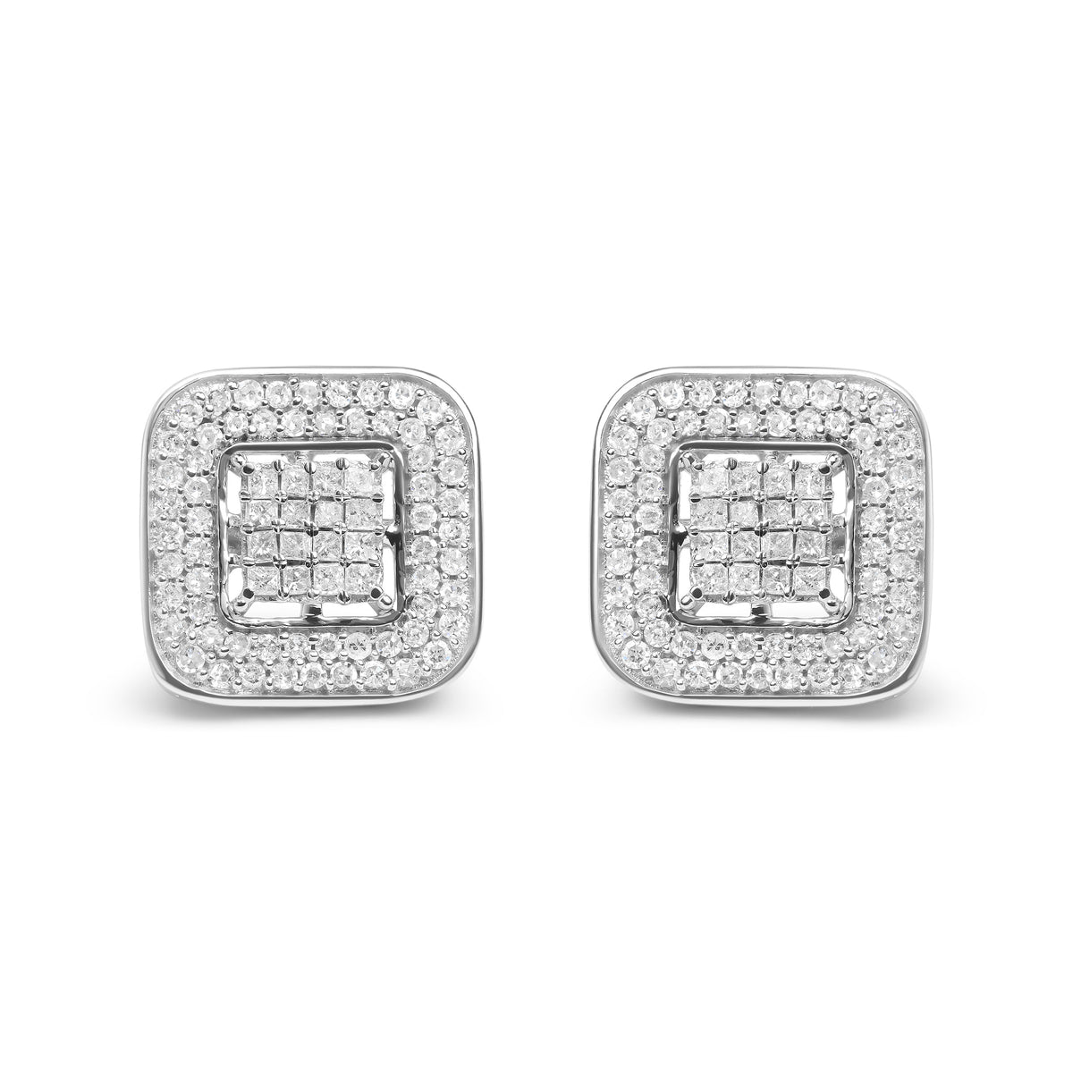 Pendientes de tuerca de halo abierto de oro blanco de 10 quilates con diamantes redondos y de talla princesa de 1,0 quilates (color H-I, claridad SI1-SI2)