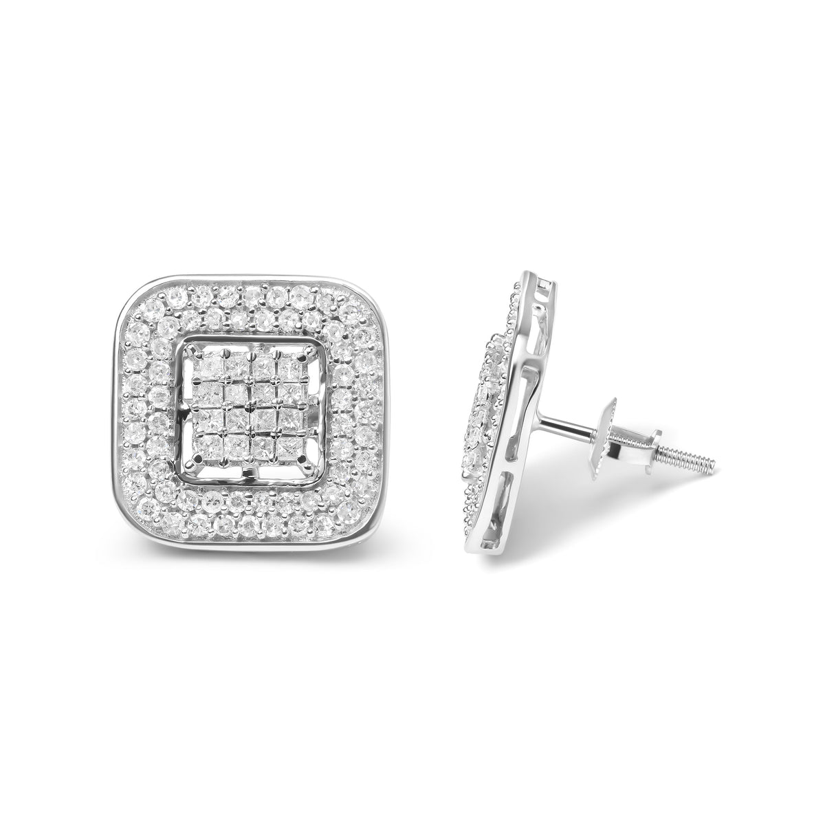 Pendientes de tuerca de halo abierto de oro blanco de 10 quilates con diamantes redondos y de talla princesa de 1,0 quilates (color H-I, claridad SI1-SI2)