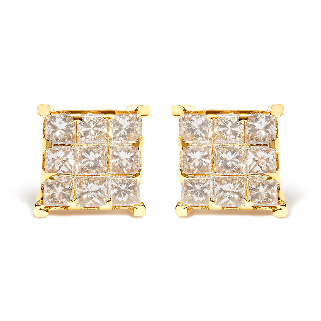 14K Yellow Gold 1 1/2 Cttw Invisible Set Princess-Cut Diamond 9 Stone Square Stud Earrings (J-K Color, SI2-I1 Clarity)