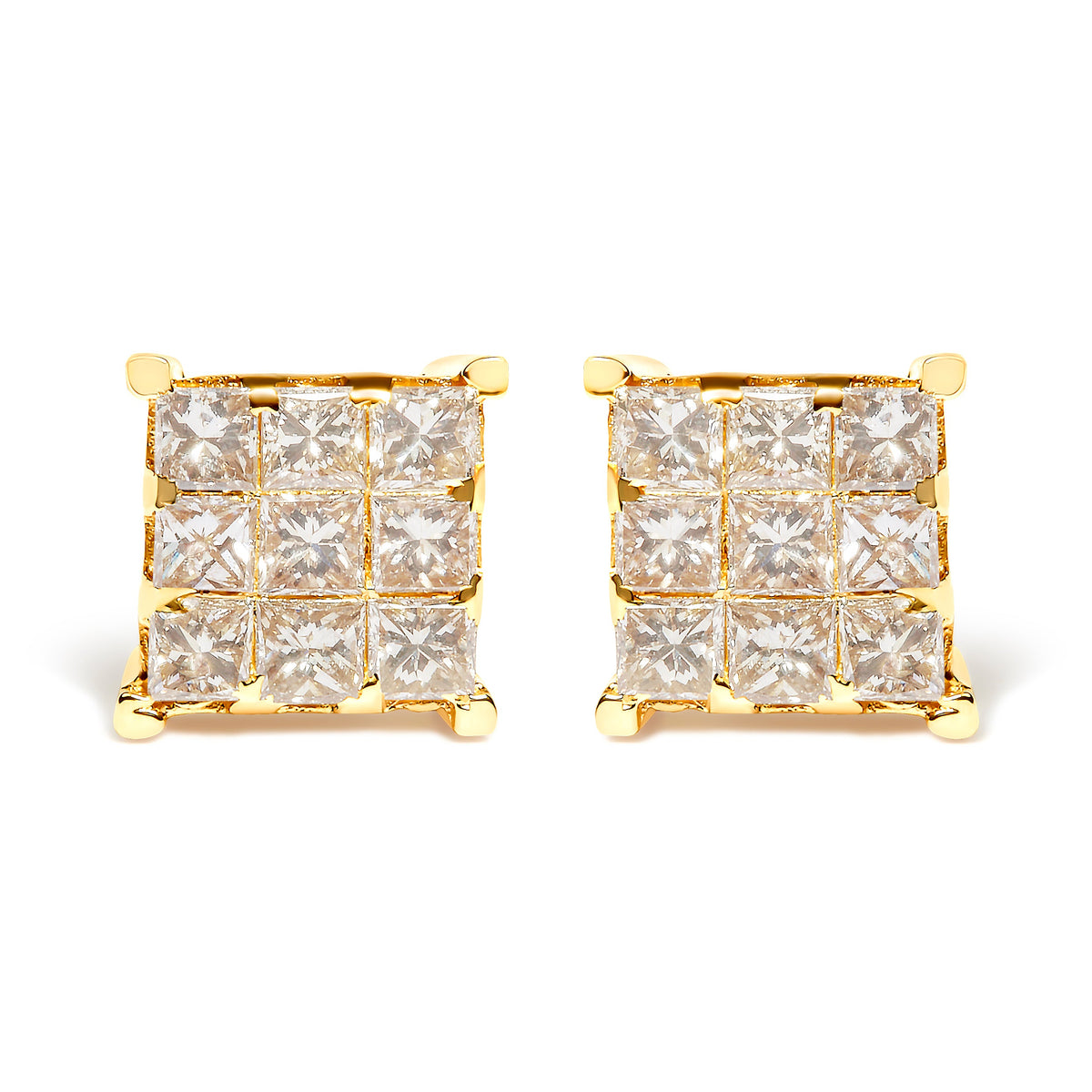Pendientes de botón cuadrados de 9 piedras de oro amarillo de 14 quilates con diamantes talla princesa de 1 1/2 quilates en engaste invisible (color J-K, claridad SI2-I1)