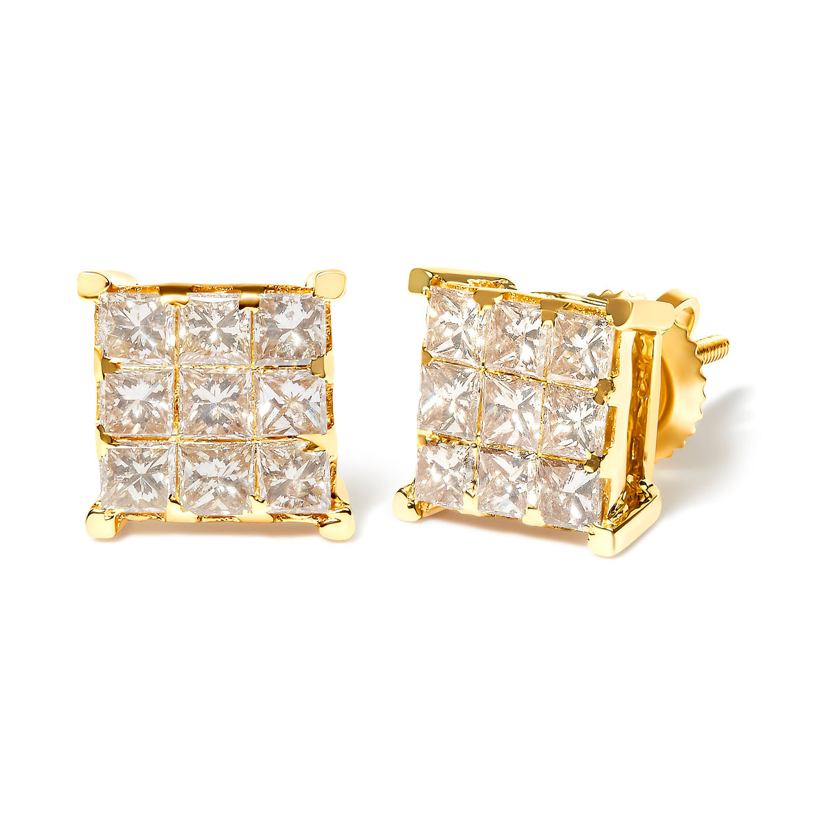Pendientes de botón cuadrados de 9 piedras de oro amarillo de 14 quilates con diamantes talla princesa de 1 1/2 quilates en engaste invisible (color J-K, claridad SI2-I1)