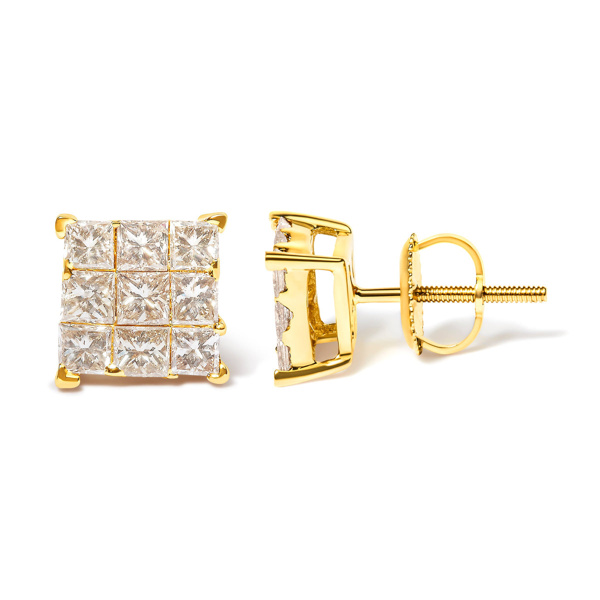 Pendientes de botón cuadrados de 9 piedras de oro amarillo de 14 quilates con diamantes talla princesa de 1 1/2 quilates en engaste invisible (color J-K, claridad SI2-I1)