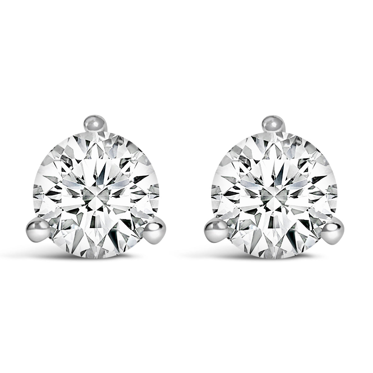 Pendientes de tuerca de oro blanco de 14 quilates y 2,0 quilates (peso total) con diamantes solitarios redondos de talla brillante cultivados en laboratorio, engaste de 3 puntas tipo martini y cierre de rosca (color F-G, claridad VS1-VS2)