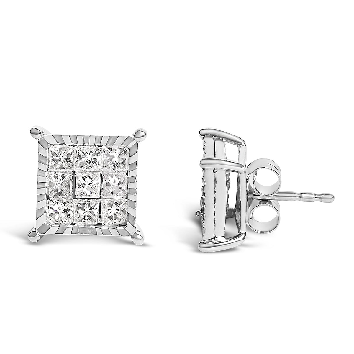 Pendientes de plata de ley con forma cuadrada con diamantes de talla princesa de 1,0 quilates (peso total)