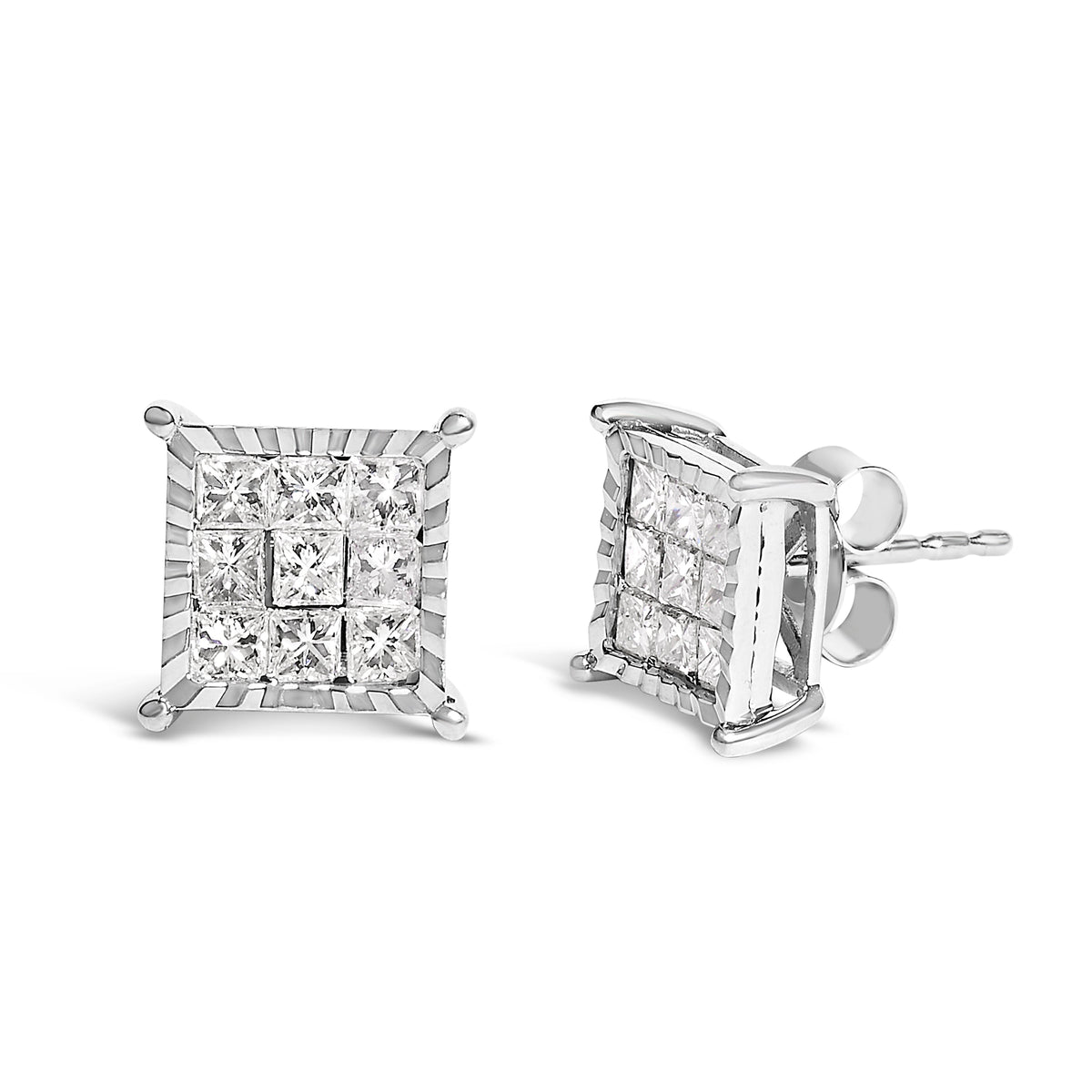 Pendientes de plata de ley con forma cuadrada con diamantes de talla princesa de 1,0 quilates (peso total)