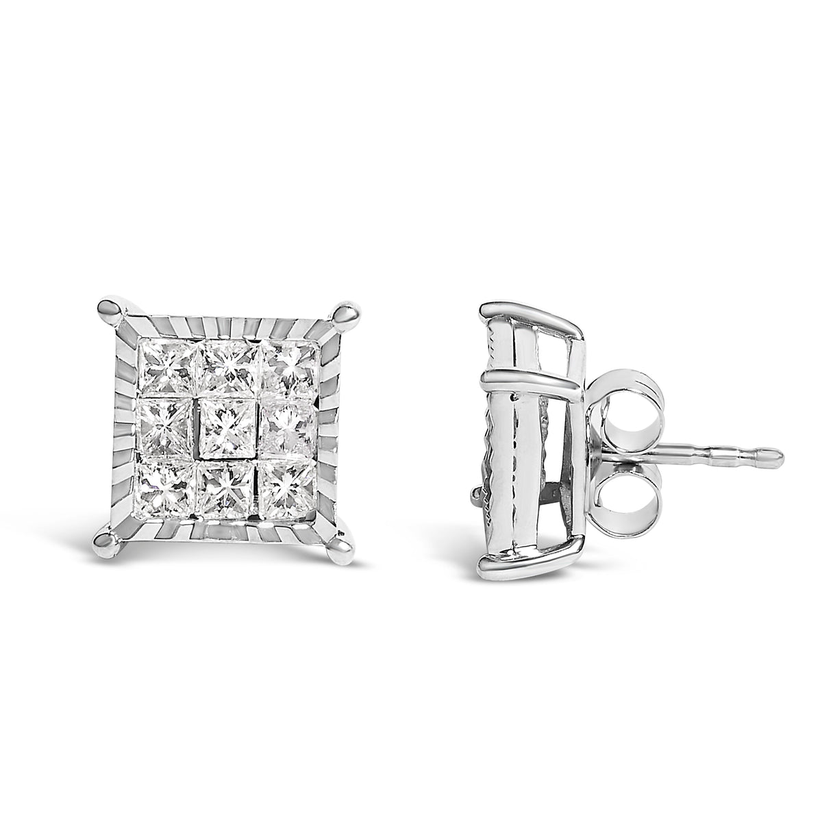 Pendientes de plata de ley con forma cuadrada con diamantes de talla princesa de 1,0 quilates (peso total)