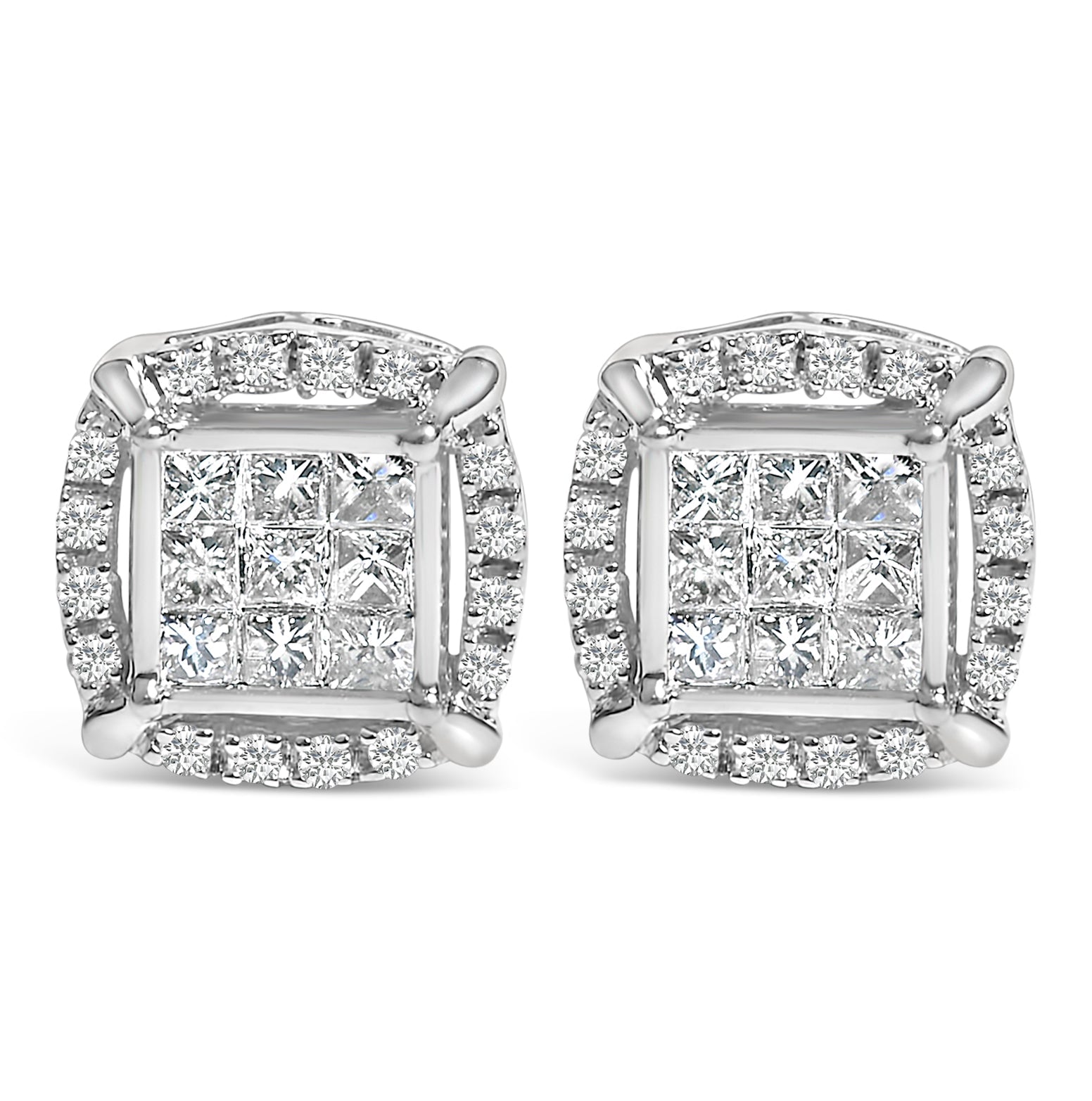 Pendientes de tuerca de plata de ley con diamante de talla princesa en composición y halo de 1/2 quilate de peso total