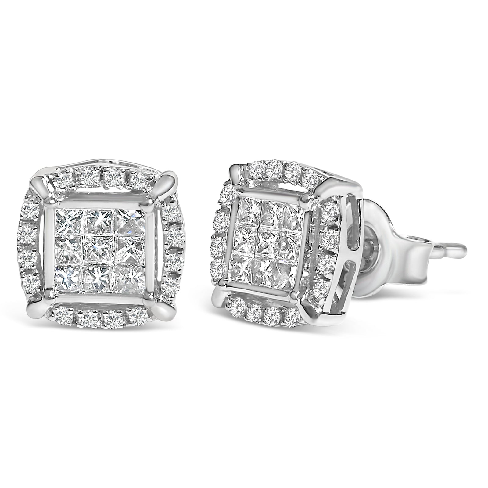 Pendientes de tuerca de plata de ley con diamante de talla princesa en composición y halo de 1/2 quilate de peso total