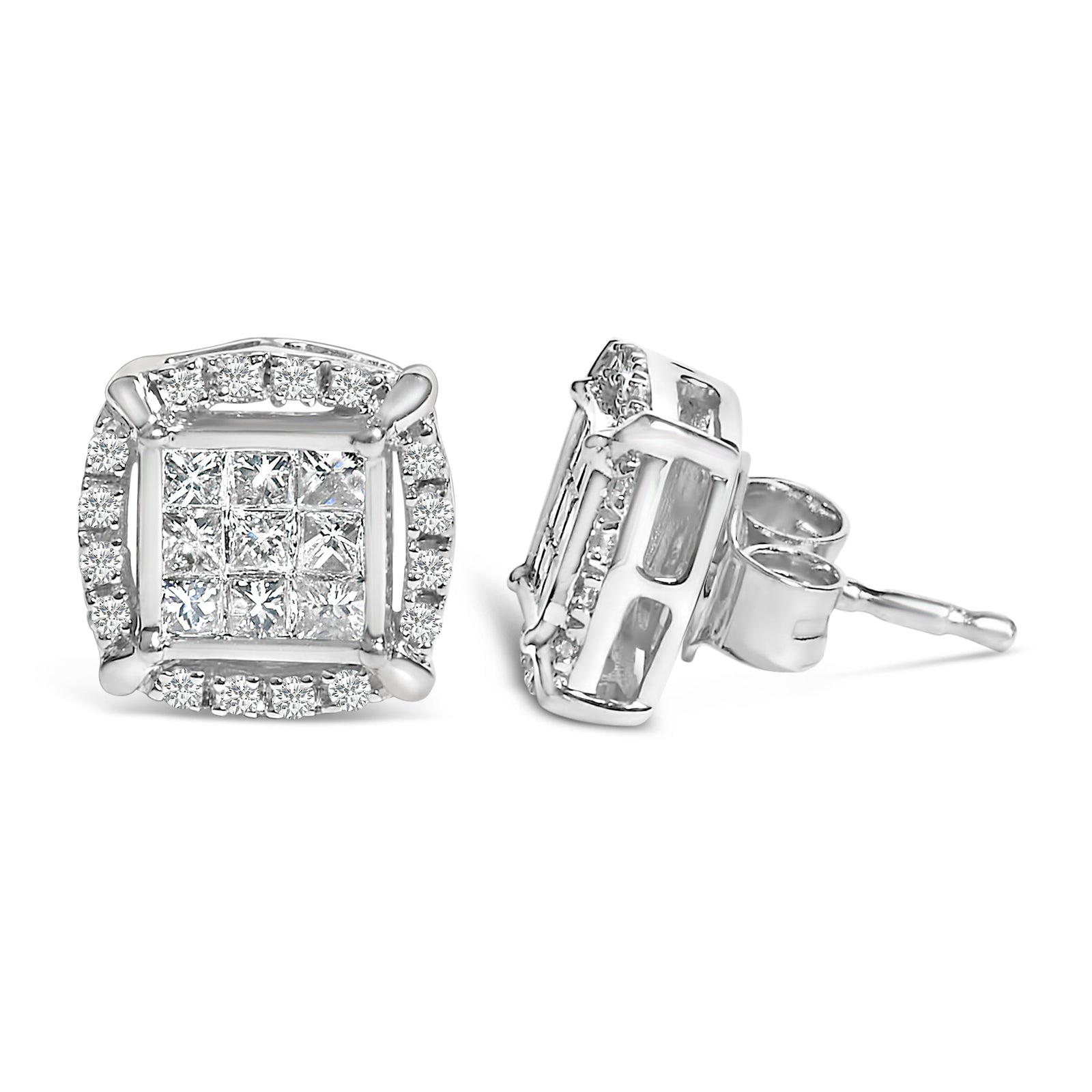 Pendientes de tuerca de plata de ley con diamante de talla princesa en composición y halo de 1/2 quilate de peso total