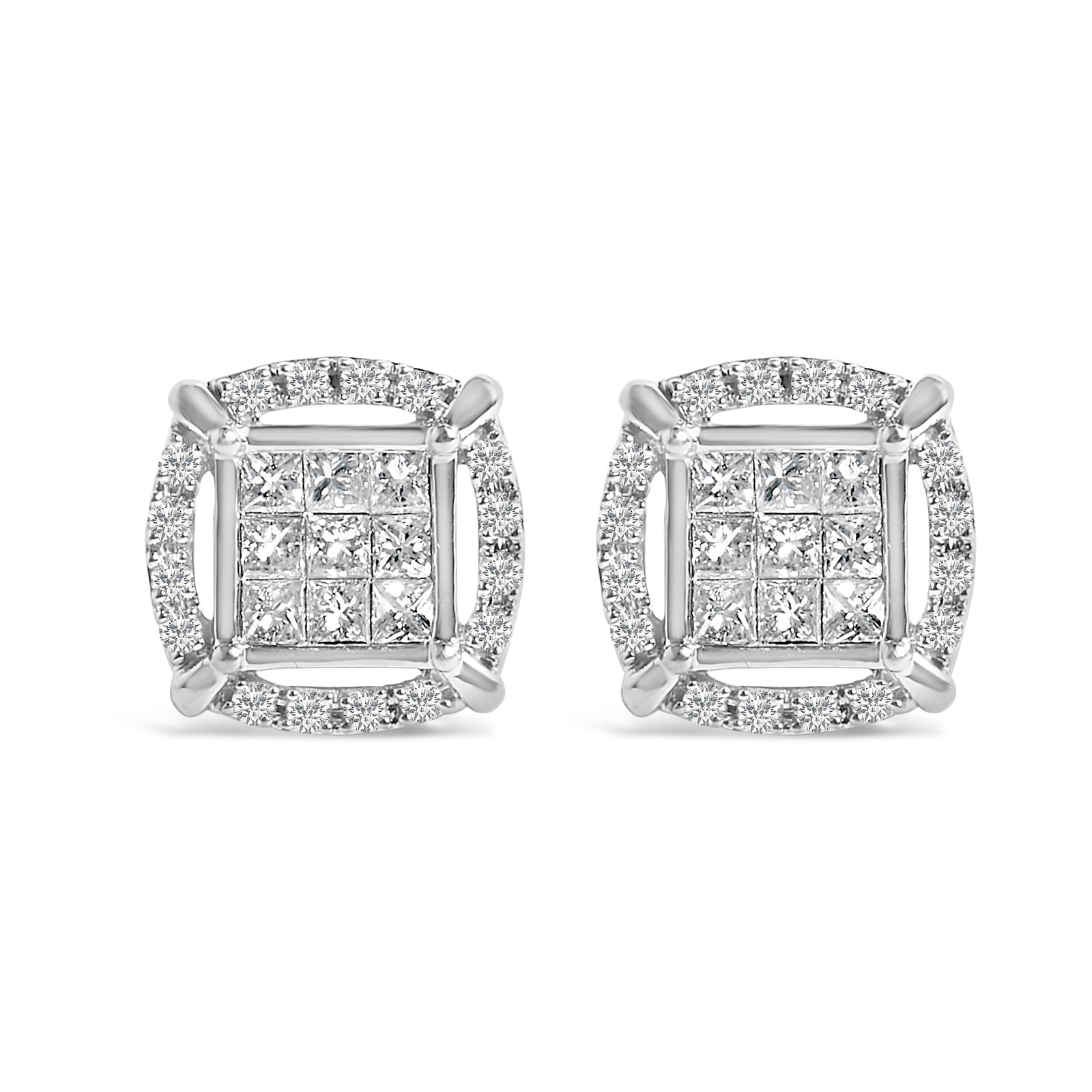 Pendientes de Plata Fina con Diamantes de Corte Princesa de 1 Quilate y Halo Cuadrado