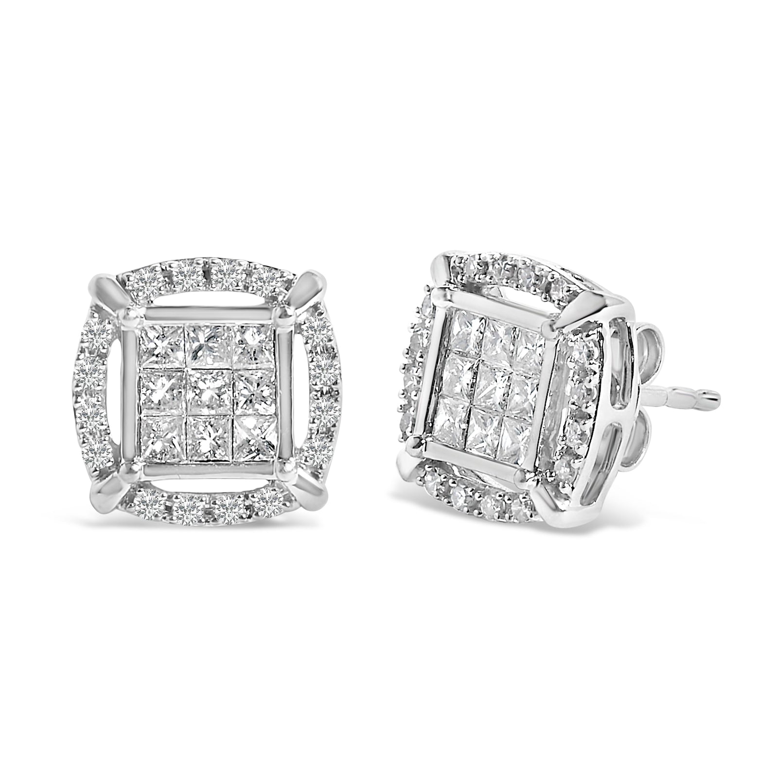Pendientes de Plata Fina con Diamantes de Corte Princesa de 1 Quilate y Halo Cuadrado