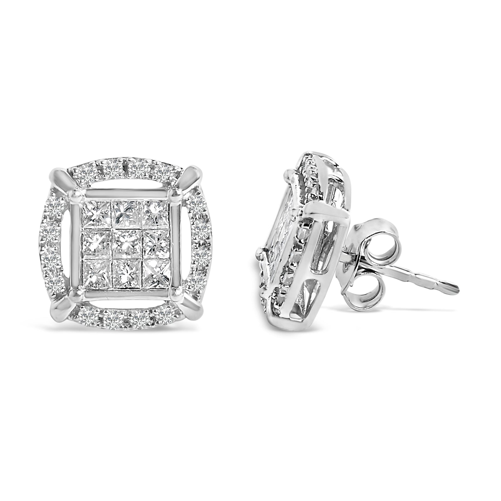 Pendientes de Plata Fina con Diamantes de Corte Princesa de 1 Quilate y Halo Cuadrado