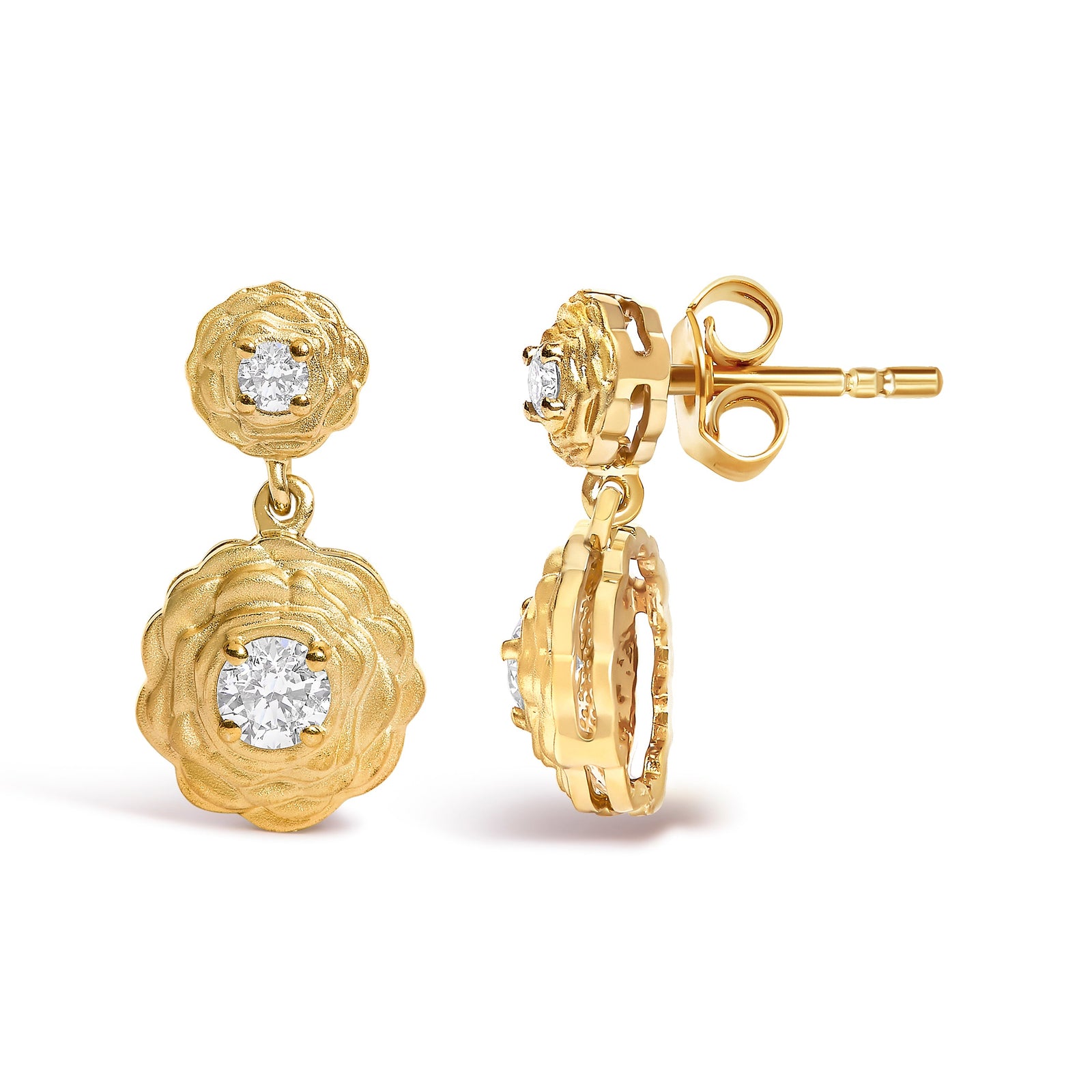 Pendientes colgantes con motivo de rosa con diamantes creados en laboratorio de 1/2 quilate engarzados en plata de ley chapada en oro amarillo de 14 quilates