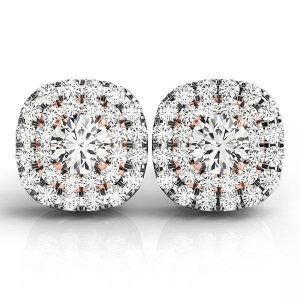 Pendientes de diamantes con halo en forma de cojín de oro blanco y rosa de 14k (3/4 quilates en total)