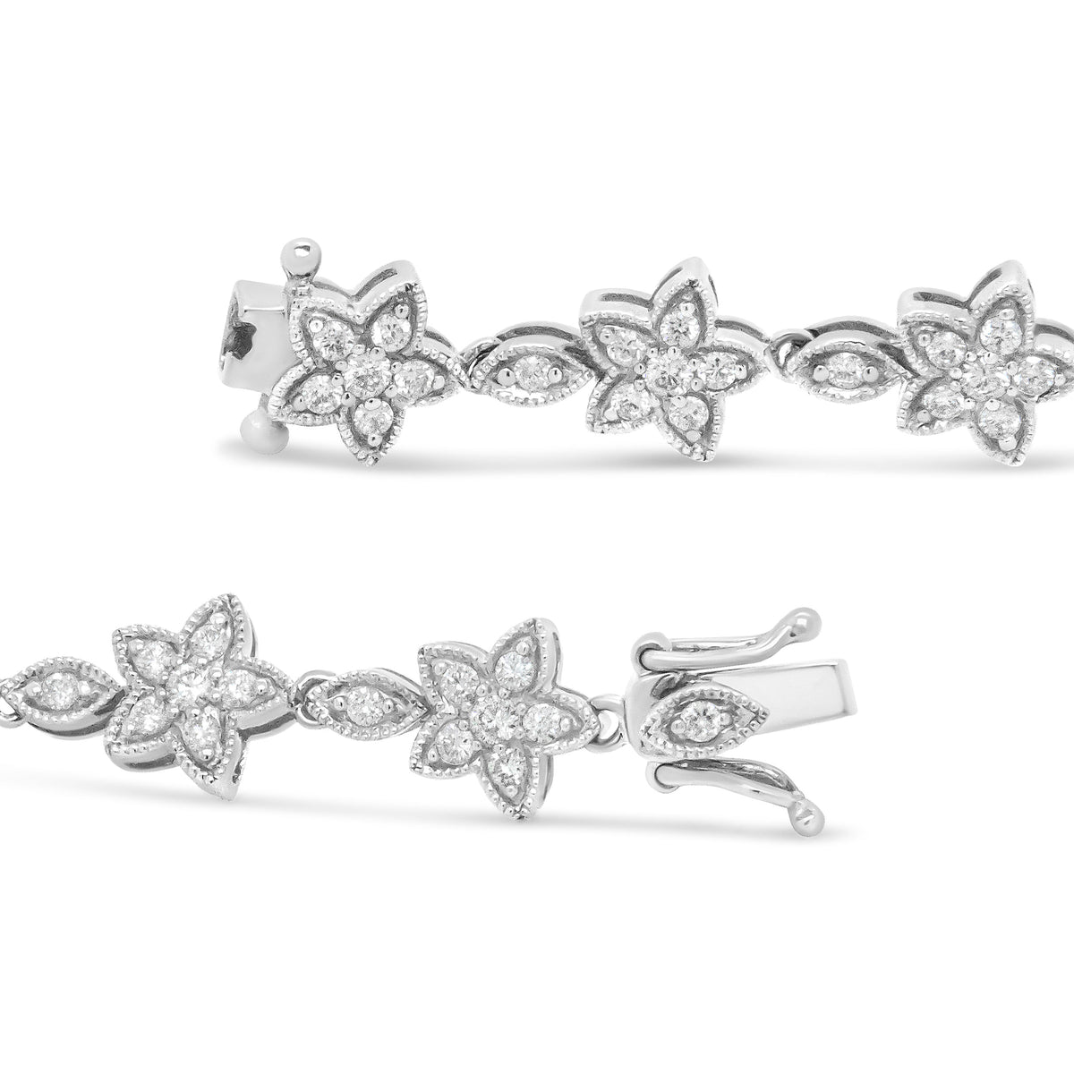 Pulsera de eslabones de oro blanco de 14 quilates con diamantes redondos de 1 1/5 quilates en forma de flor (color H-I, claridad SI1-SI2) - Talla 7"