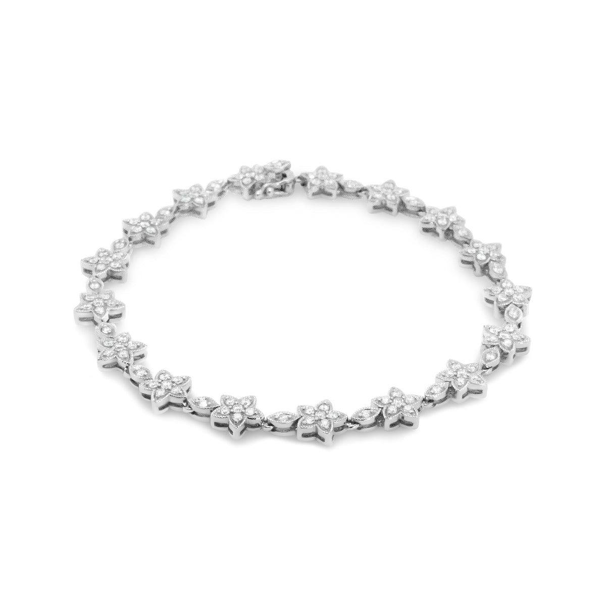 Pulsera de eslabones de oro blanco de 14 quilates con diamantes redondos de 1 1/5 quilates en forma de flor (color H-I, claridad SI1-SI2) - Talla 7"