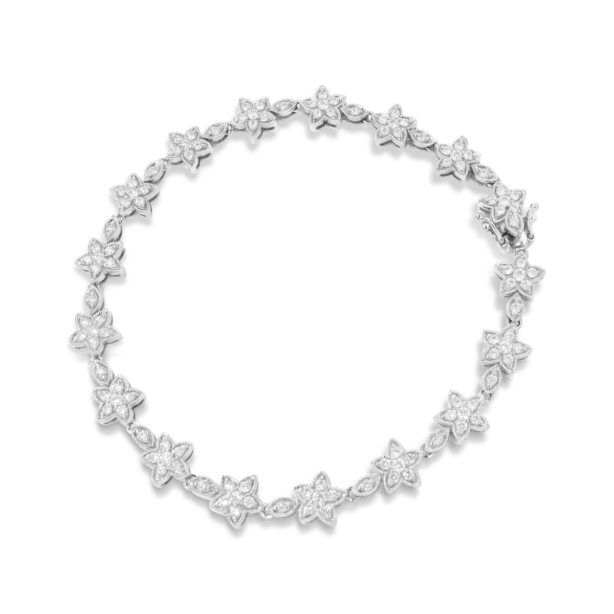 Pulsera de eslabones de oro blanco de 14 quilates con diamantes redondos de 1 1/5 quilates en forma de flor (color H-I, claridad SI1-SI2) - Talla 7"