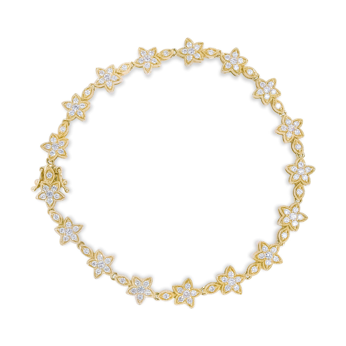 Pulsera de eslabones de oro blanco de 14 quilates con diamantes redondos de 1 1/5 quilates en forma de flor (color H-I, claridad SI1-SI2) - Talla 7"