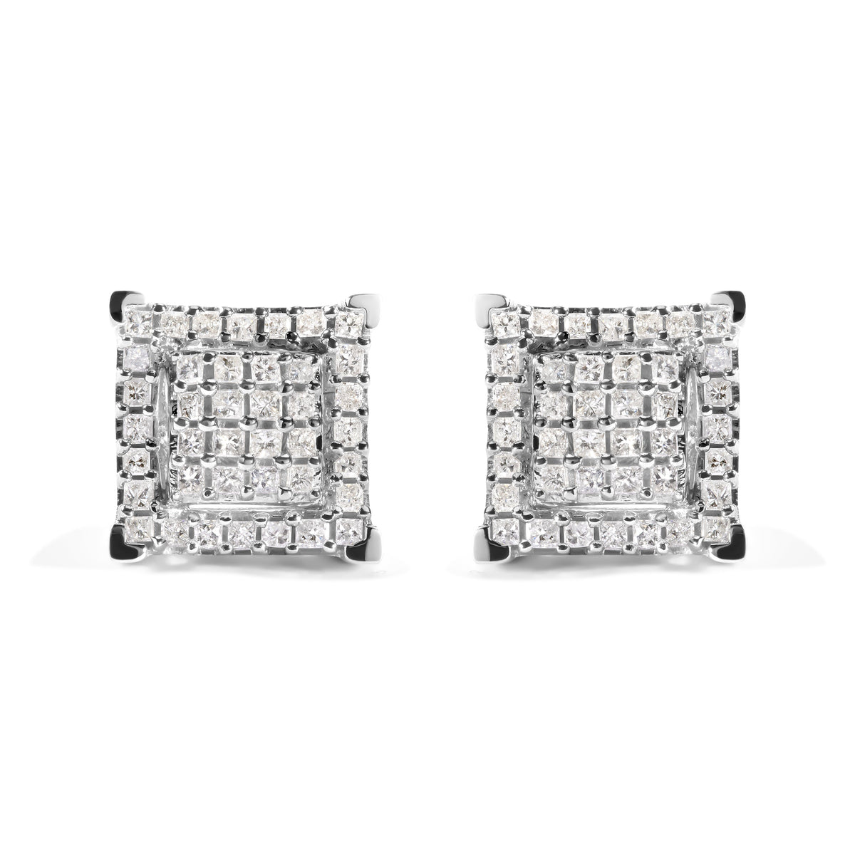 Pendientes de doble cuadrado y halo de diamante princesa compuesto de oro blanco de 10K con un peso total de 1 1/4 quilates (Color I-J, Claridad I1-I2)