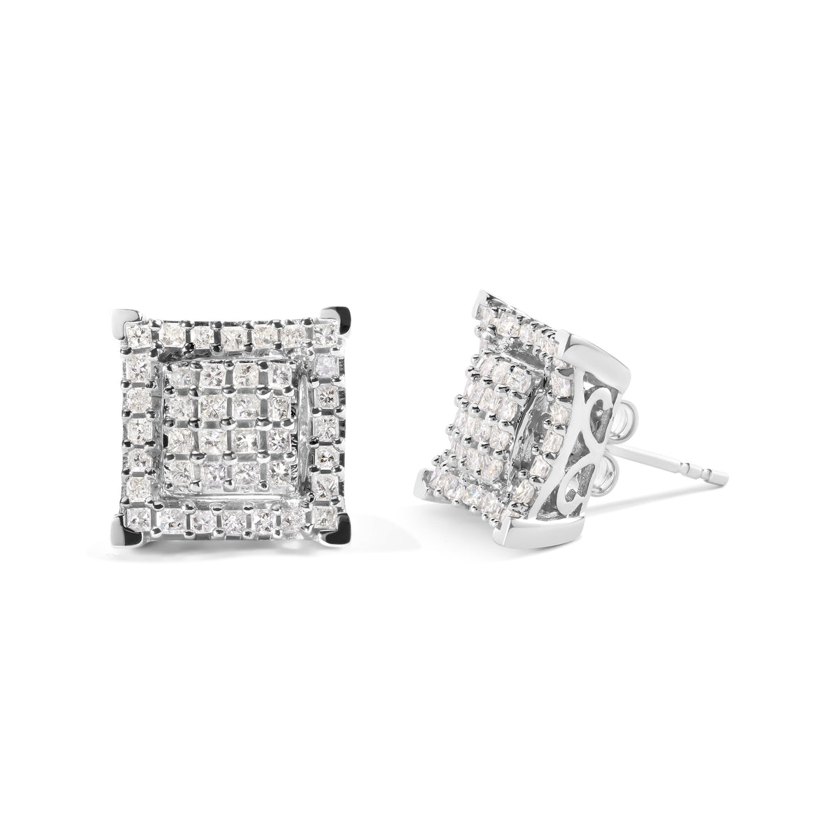 Pendientes de doble cuadrado y halo de diamante princesa compuesto de oro blanco de 10K con un peso total de 1 1/4 quilates (Color I-J, Claridad I1-I2)