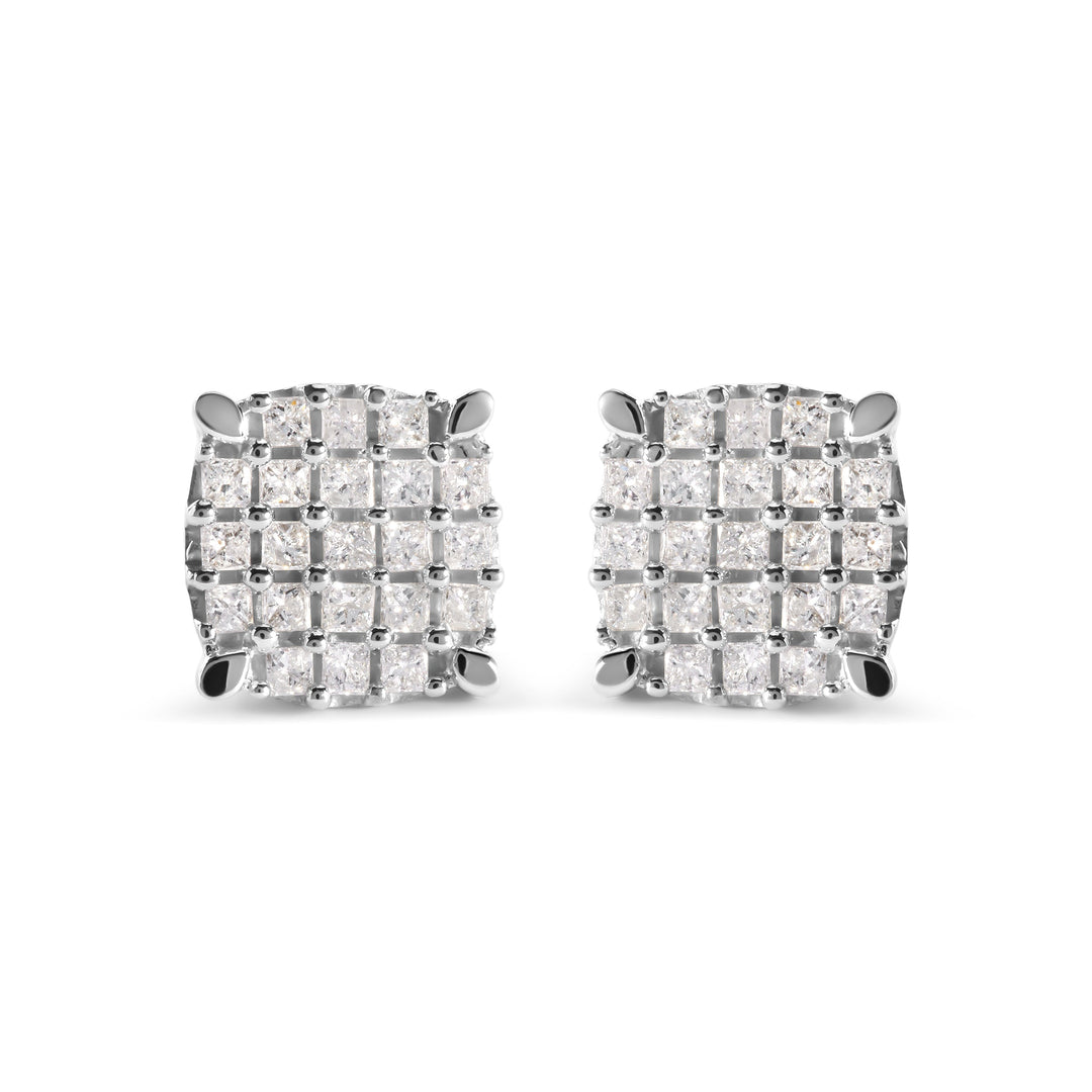 10K White Gold 3/4 Cttw Princess Diamond Composite Cushion Shape Stud Earrings (I-J Color, I1-I2 Clarity)