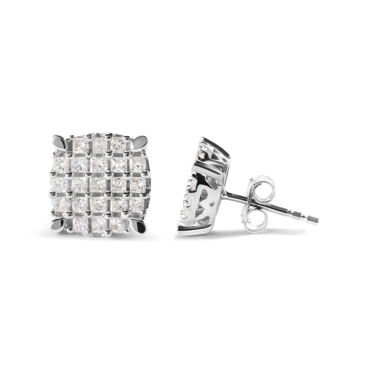 Pendientes de tuerca de oro blanco de 10 qt con diamantes de princesa de 3/4 Cttw en forma de cojín (color I-J, claridad I1-I2)