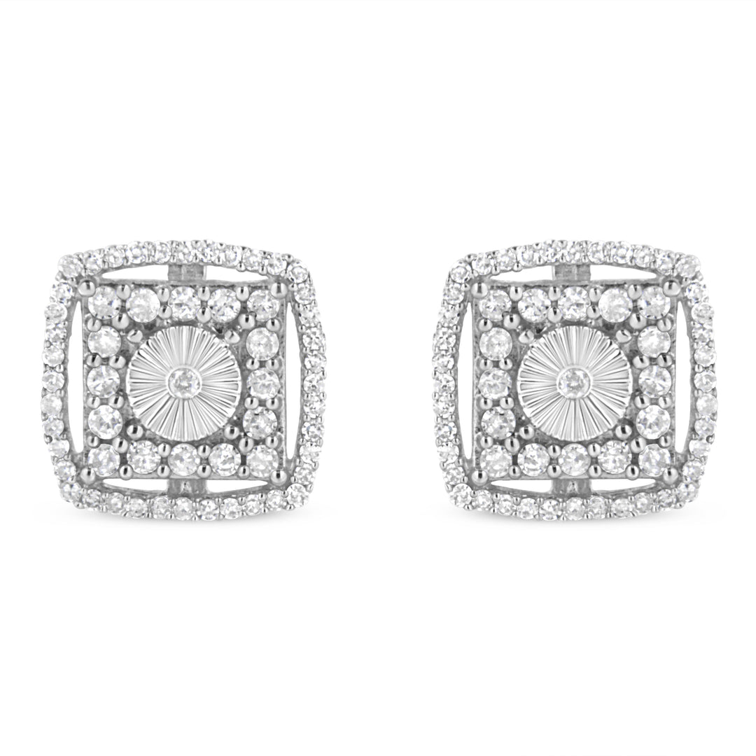 .925 Sterling Silver 1.0 Cttw Round Diamond Double Halo and Disc Stud Earring (I-J Color, I2-I3 Clarity)