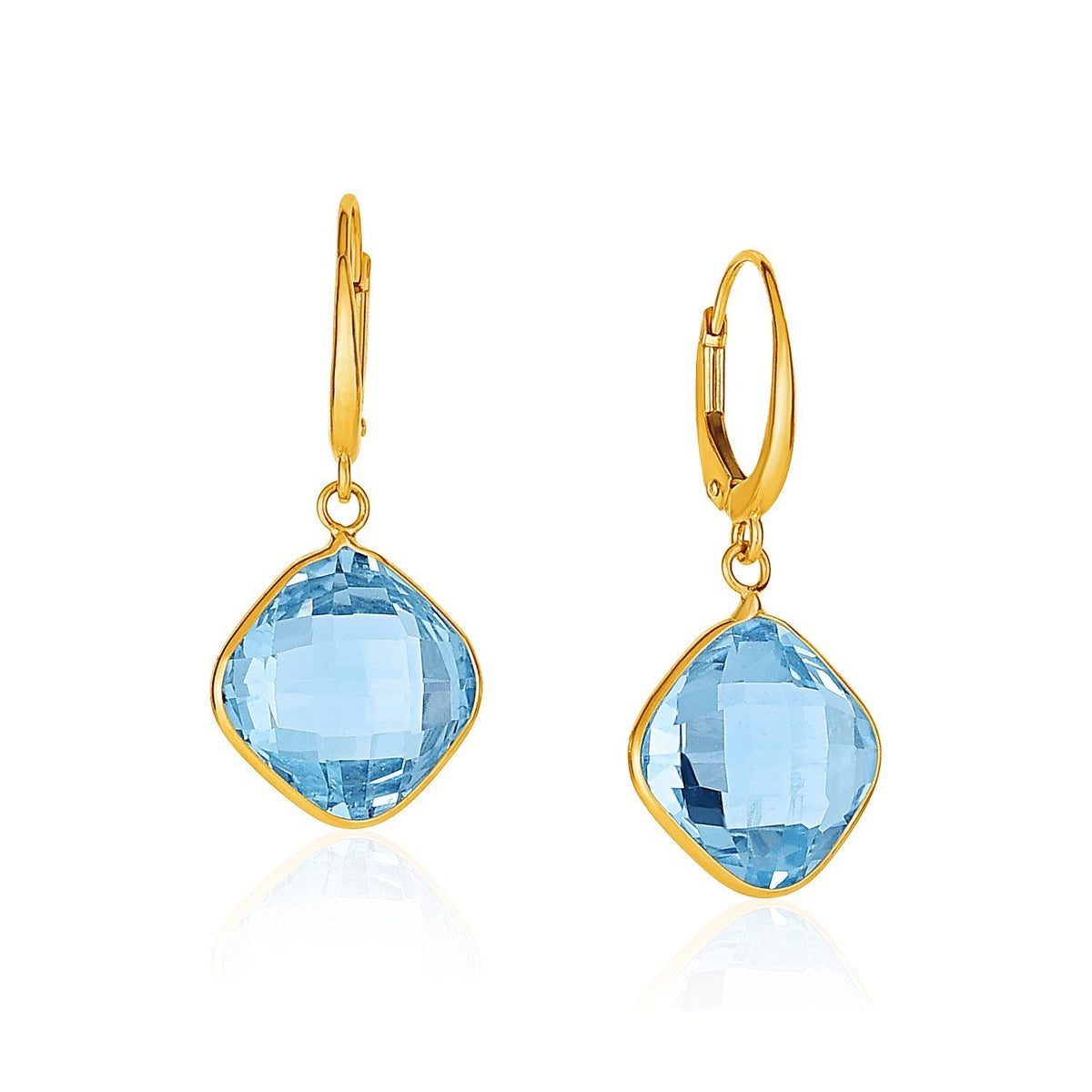 Pendientes colgantes con briolettes de topacio azul talla cojín en oro amarillo de 14k