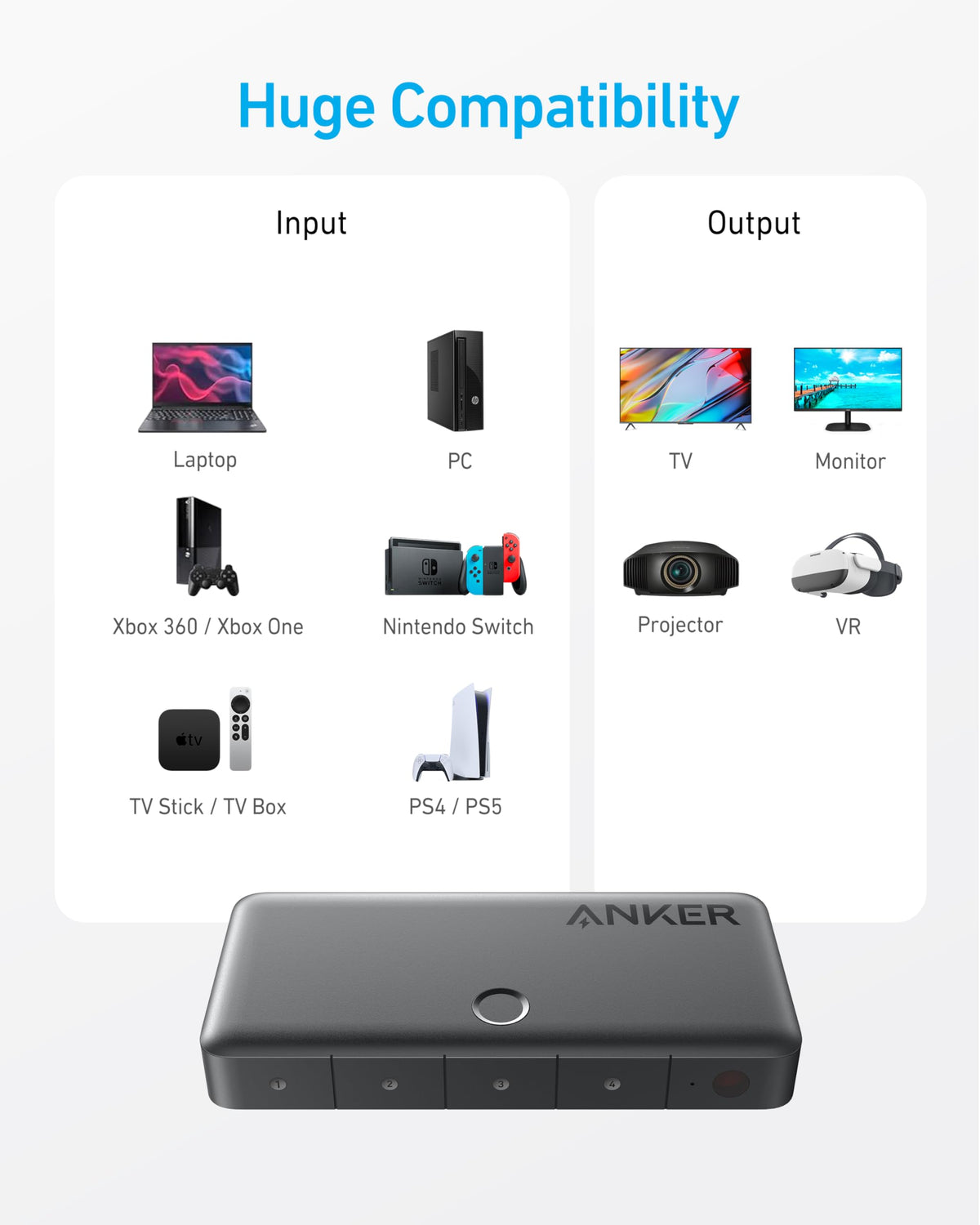 Conmutador HDMI Anker (4 entradas, 1 salida, HDMI 4K)