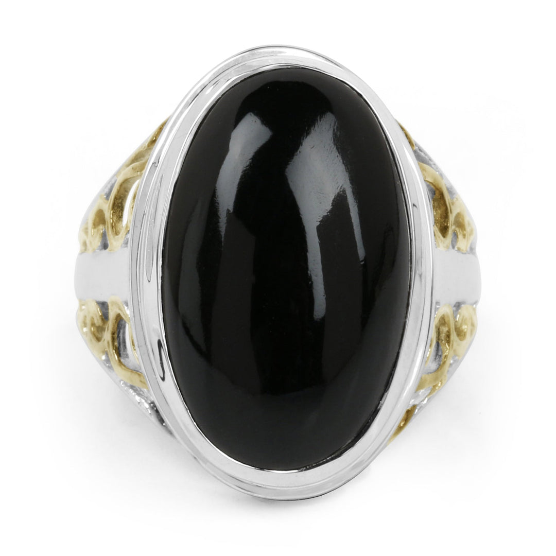 Anillo de plata de ley .925 con ónix negro auténtico de 10.92 quilates y baño bitono