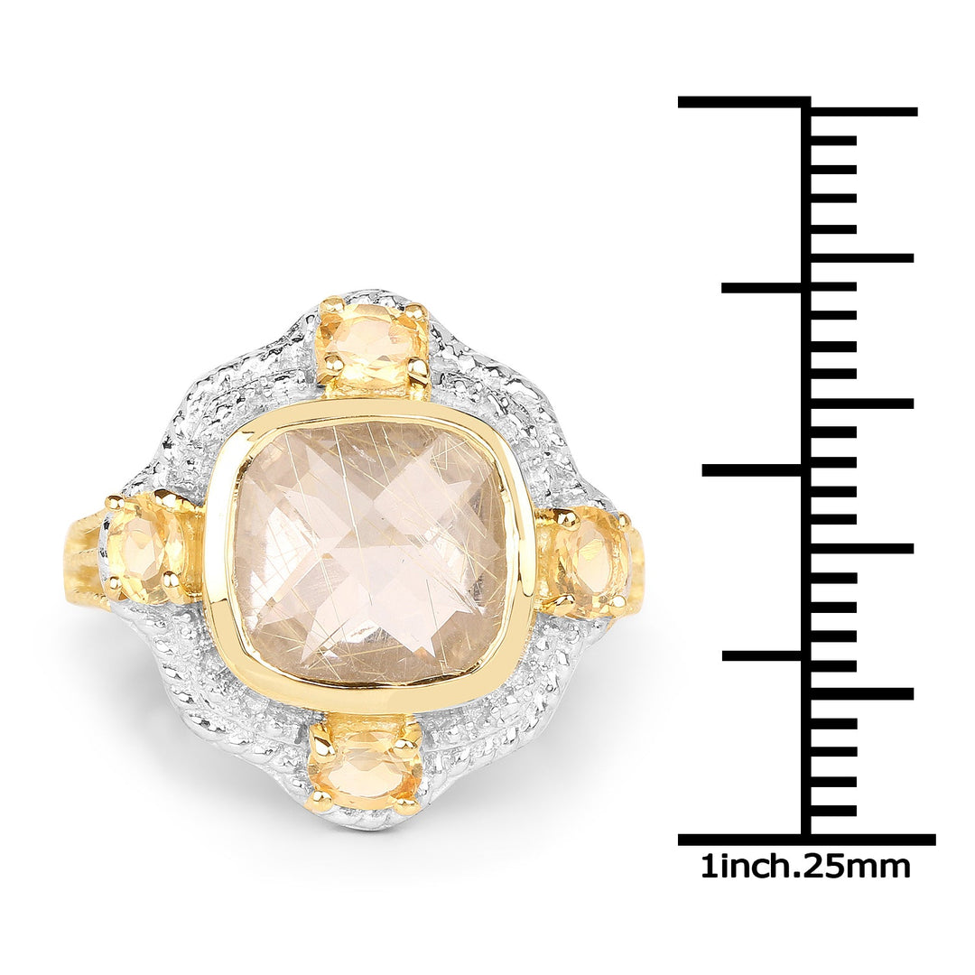 Anillo de plata de ley .925 chapado en oro amarillo de 14 quilates con rutilo dorado genuino y citrino de 4,07 quilates