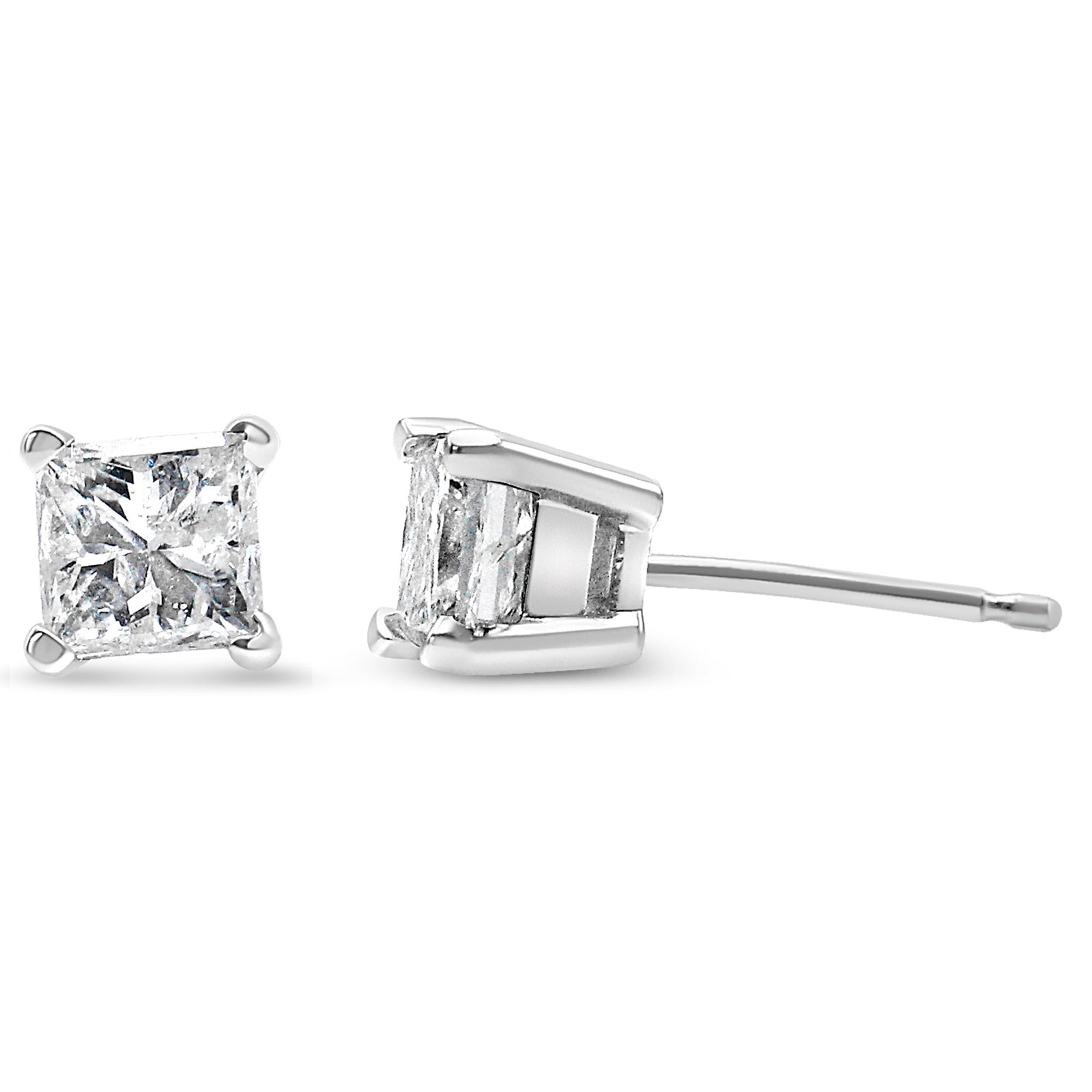 Aretes de oro blanco de 14K con diamante de talla princesa de 2/5 Cttw, montura de 4 puntas y solitario, certificados por AGS (color L-M, claridad I1-I2)