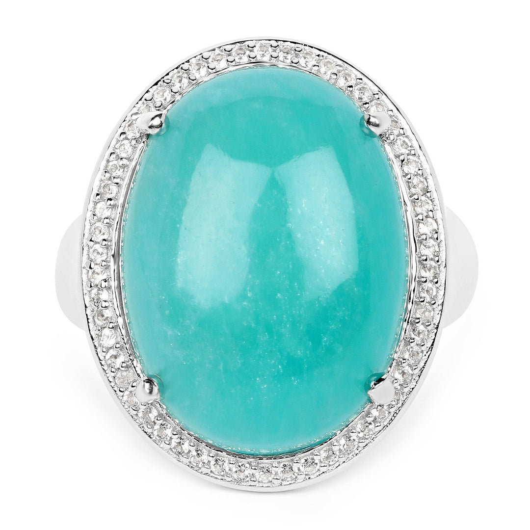 Anillo de plata de ley .925 con topacio blanco y amazonita auténtica de 15,09 quilates