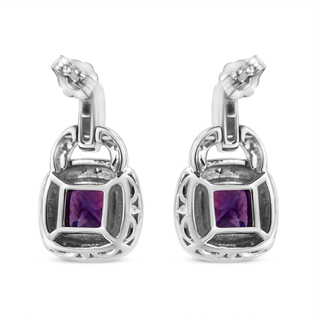.925 Sterling Silver 8MM Natural Cushion Shaped Amethyst and Diamond Accent Halo with Push Back Dangle Earrings (I-J Color, I2-I3 Clarity)