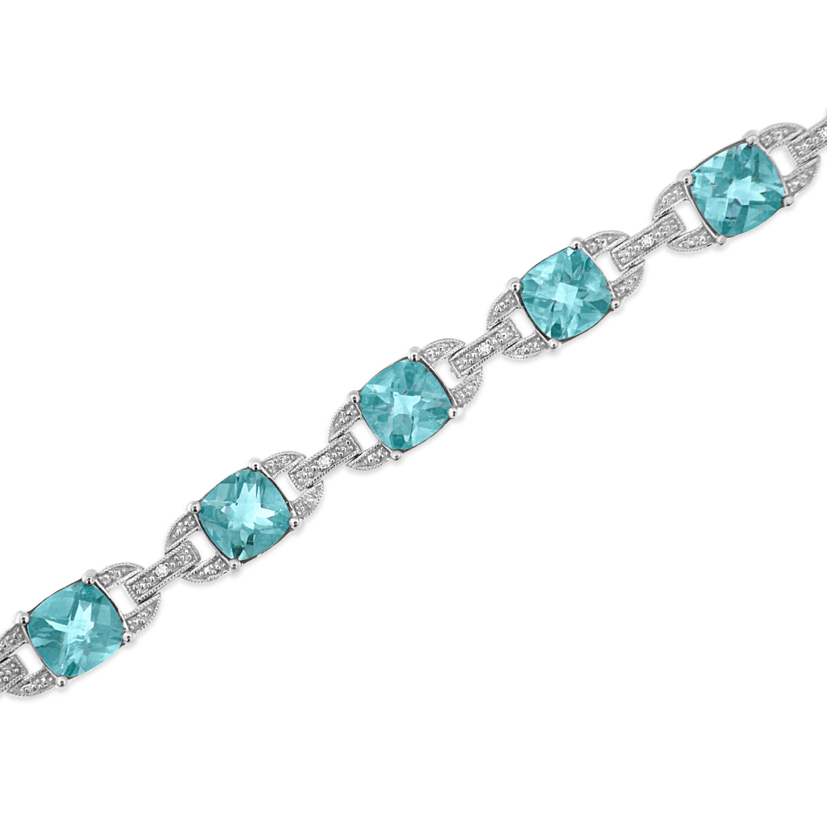 Pulsera de tenis de moda de plata de ley .925 con topacio azul de talla cojín de 7x7 mm y diamantes redondos de 1/20 quilates (Color I-J, Claridad I1-I2) - 7"