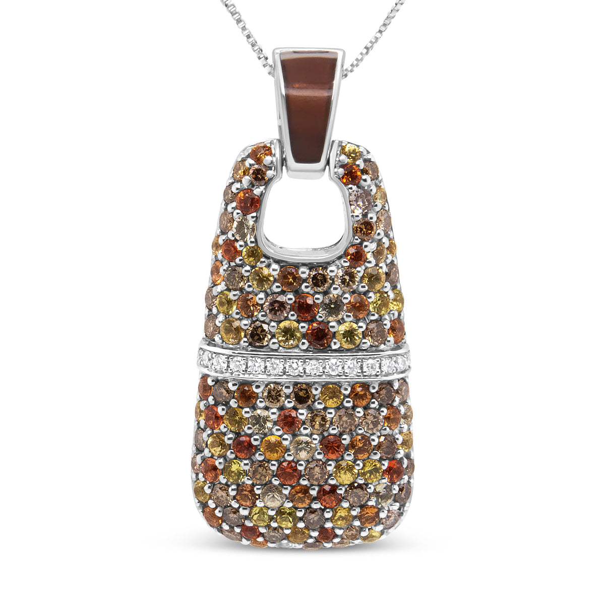 Collar de plata de ley .925 con colgante de esmalte marrón, 1 quilate total de diamantes blancos y marrones y piedras preciosas de zafiro amarillas y naranjas de 1.5mm, 18" (Color marrón y F-G, Claridad VS1-VS2)