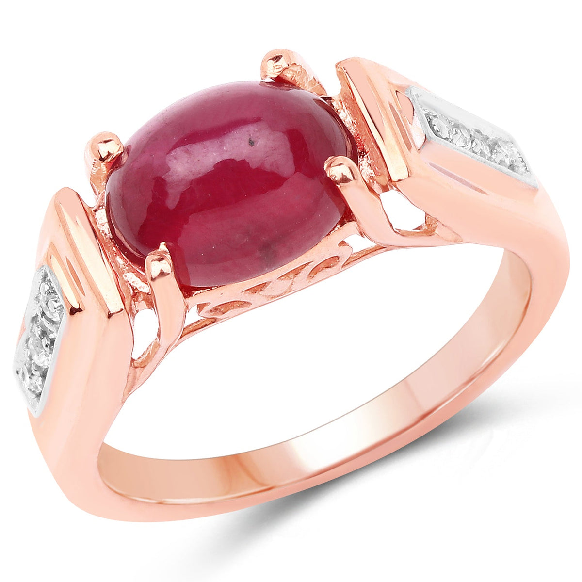Anillo de plata de ley .925 chapado en oro rosa de 14 quilates con rubí genuino relleno de vidrio de 4,71 quilates y topacio blanco