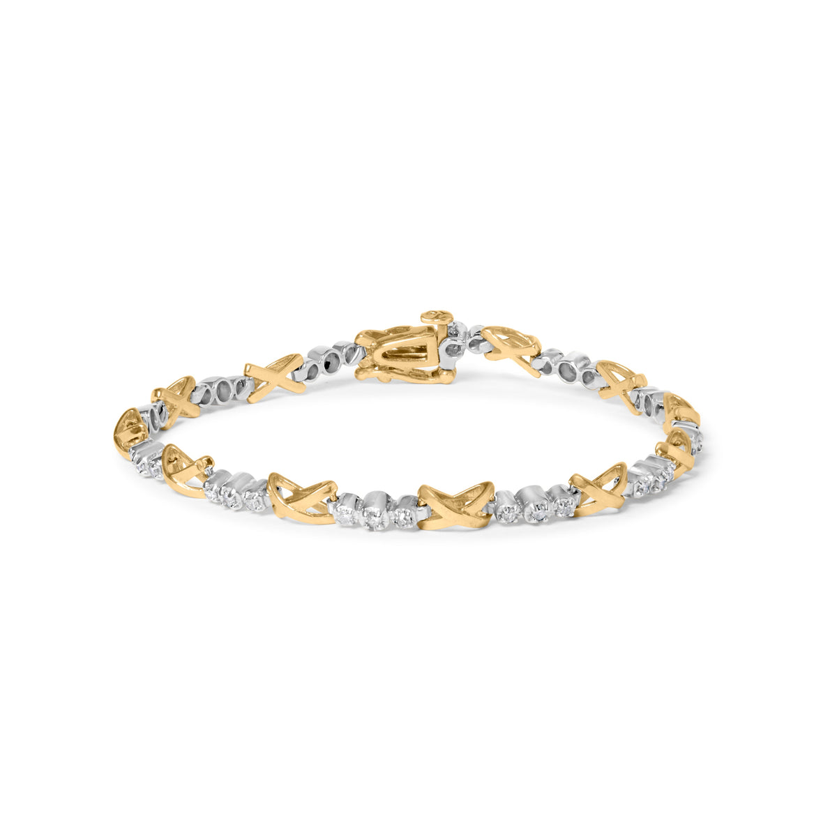 Pulsera de oro de dos tonos de 10K con 1/2 quilate total de diamantes de tres piedras alternadas y eslabones en "X" de 17.78 cm (Color I-J, Claridad I2-I3)