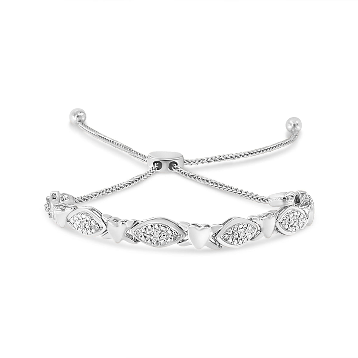 Pulsera Bolo de Eslabones de Corazón y Forma Marquesa Alternados con Acentos de Diamantes de Plata Esterlina .925 con Baño de Oro Amarillo de 14K (Color I-J, Claridad I3) - Ajustable de 6" a 9"