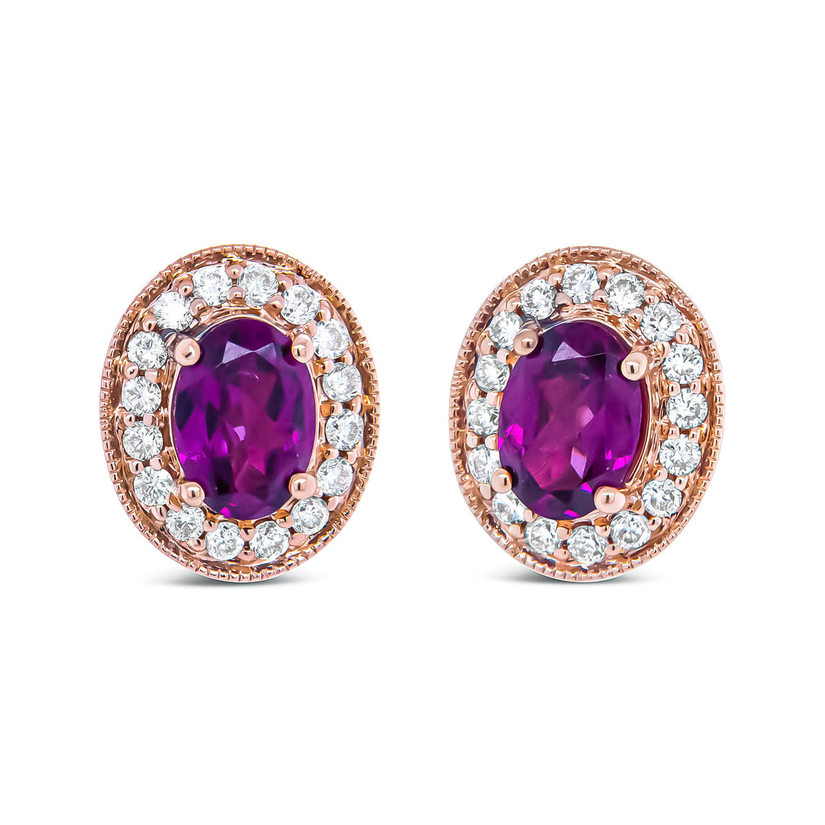 Pendientes de halo de oro rosa de 14 quilates con granate talla oval de 7x5 mm y diamantes redondos de 3/8 quilates (color G-H, claridad SI1-SI2)