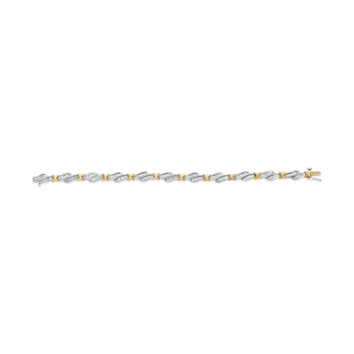 Pulsera de eslabones en espiral con diseño "X" y tejido de diamantes talla baguette engastados en carril, en oro de dos tonos de 10 quilates y 2,00 Cttw (Color H-I, Claridad I1-I2) - 7"