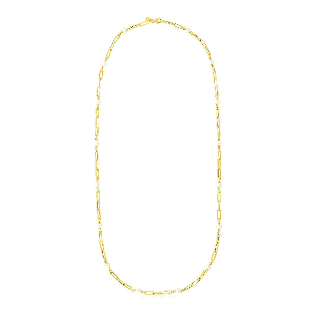 14k Yellow Gold Paperclip Chain and Pearl Necklace