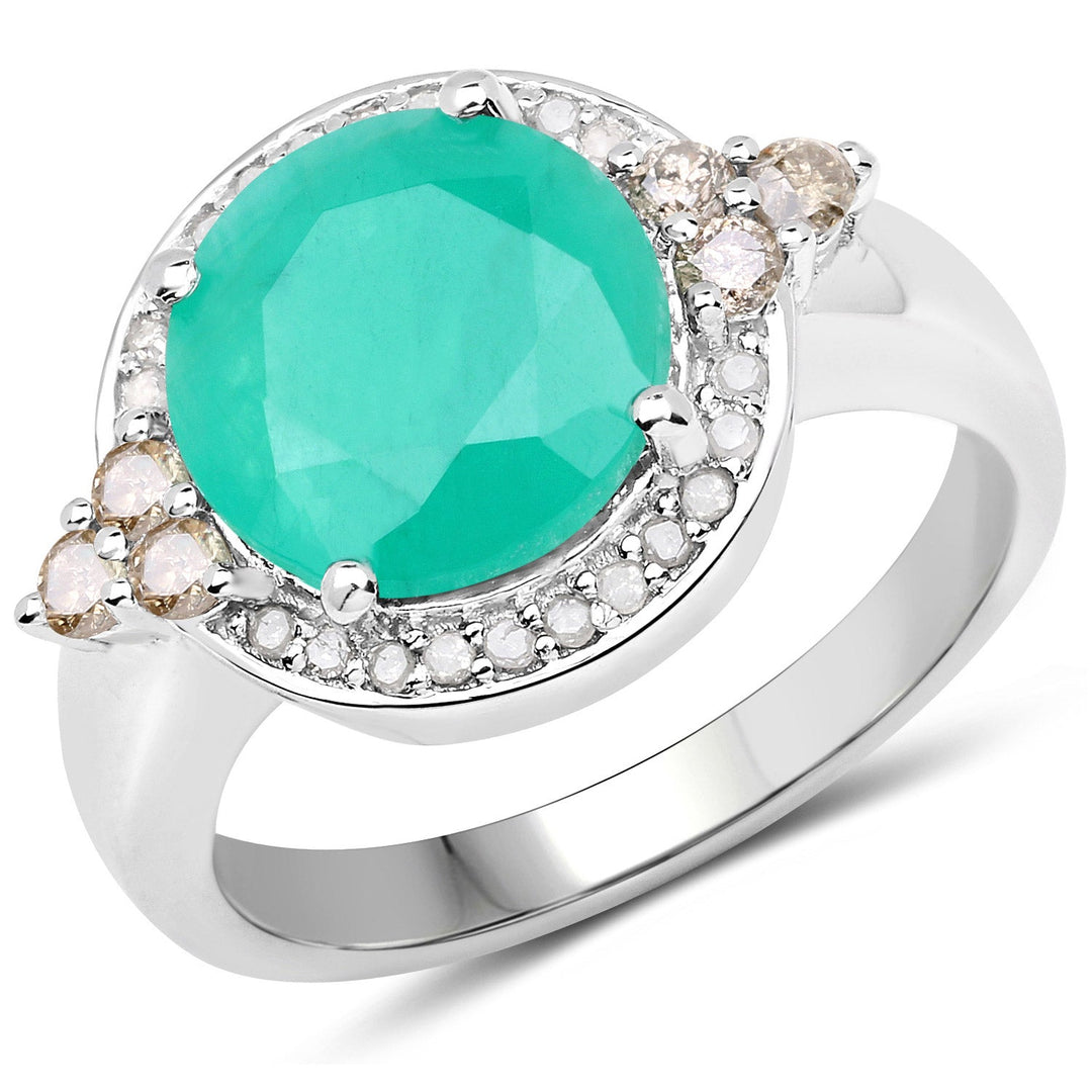 Anillo de plata de ley .925 con esmeralda auténtica de 3.51 quilates, diamantes color champán y diamantes blancos