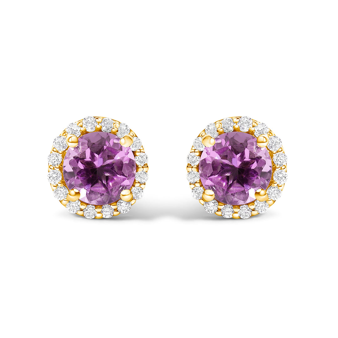 Pendientes de oro blanco de 10K con amatista morada y halo de diamantes de 1/6 Cttw