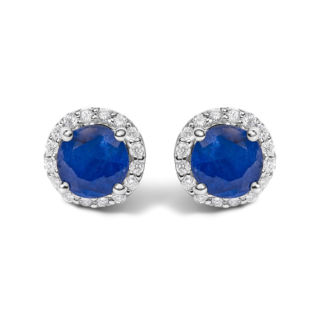 Pendientes de oro blanco de 10K con amatista morada y halo de diamantes de 1/6 Cttw