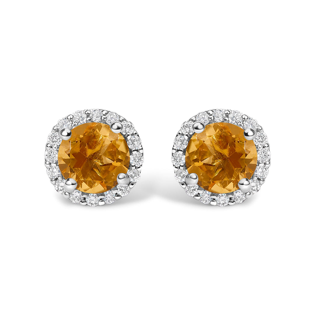 Pendientes de oro blanco de 10K con amatista morada y halo de diamantes de 1/6 Cttw