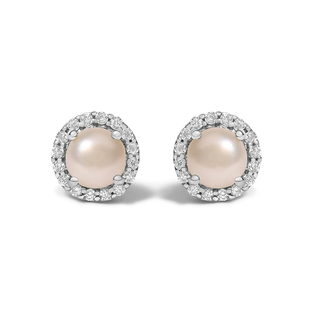 Pendientes de oro blanco de 10K con amatista morada y halo de diamantes de 1/6 Cttw