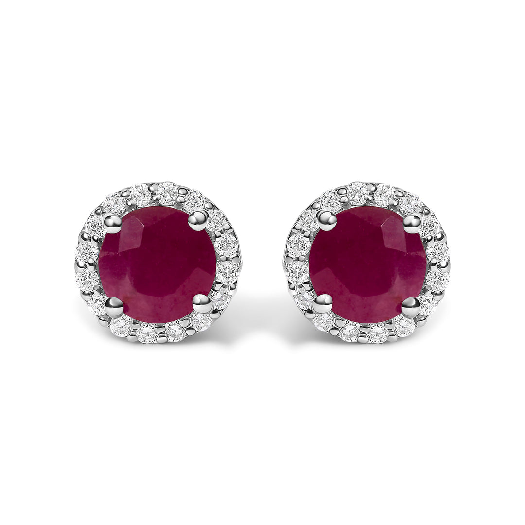 Pendientes de oro blanco de 10K con amatista morada y halo de diamantes de 1/6 Cttw